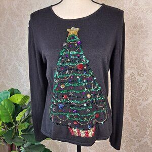 Heirloom Collectibles Christmas 2004 Size PL Black Sequin Christmas Tree Sweater